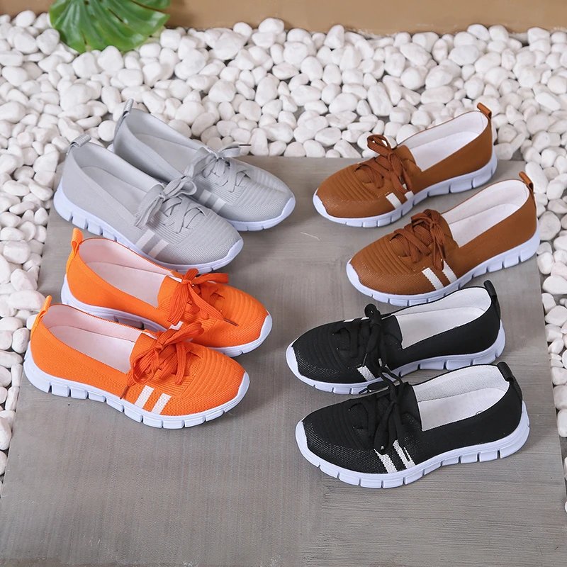 Mesh Knitted Striped Flats Shoes for Women 2024 Summer Lace Up Casual Sneakers Woman Breathable Soft Sole Loafers Plus Size 43