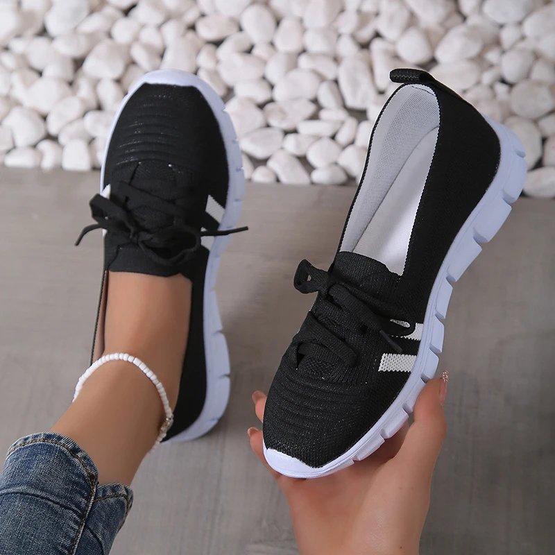 Mesh Knitted Striped Flats Shoes for Women 2024 Summer Lace Up Casual Sneakers Woman Breathable Soft Sole Loafers Plus Size 43
