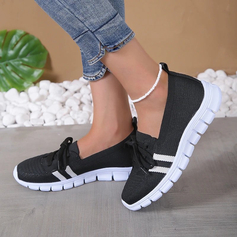 Mesh Knitted Striped Flats Shoes for Women 2024 Summer Lace Up Casual Sneakers Woman Breathable Soft Sole Loafers Plus Size 43