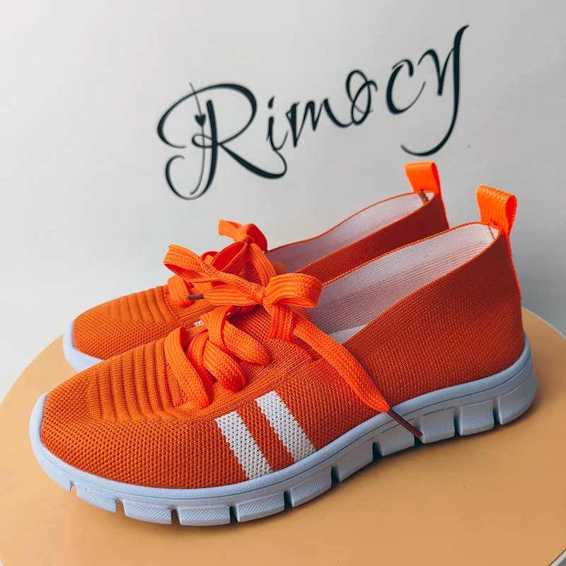 Mesh Knitted Striped Flats Shoes for Women 2024 Summer Lace Up Casual Sneakers Woman Breathable Soft Sole Loafers Plus Size 43