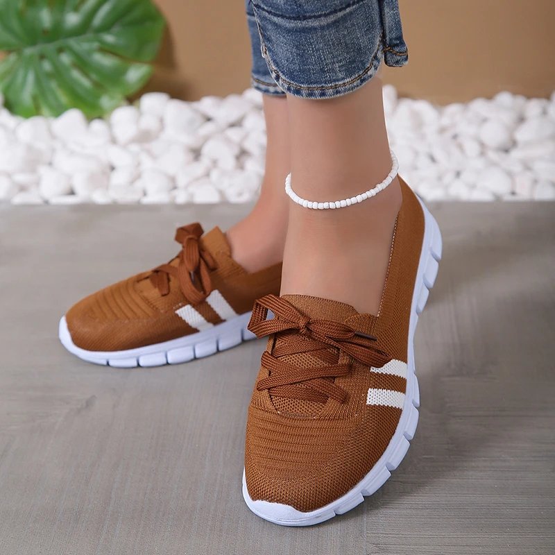 Mesh Knitted Striped Flats Shoes for Women 2024 Summer Lace Up Casual Sneakers Woman Breathable Soft Sole Loafers Plus Size 43