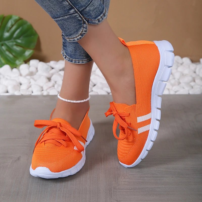 Mesh Knitted Striped Flats Shoes for Women 2024 Summer Lace Up Casual Sneakers Woman Breathable Soft Sole Loafers Plus Size 43