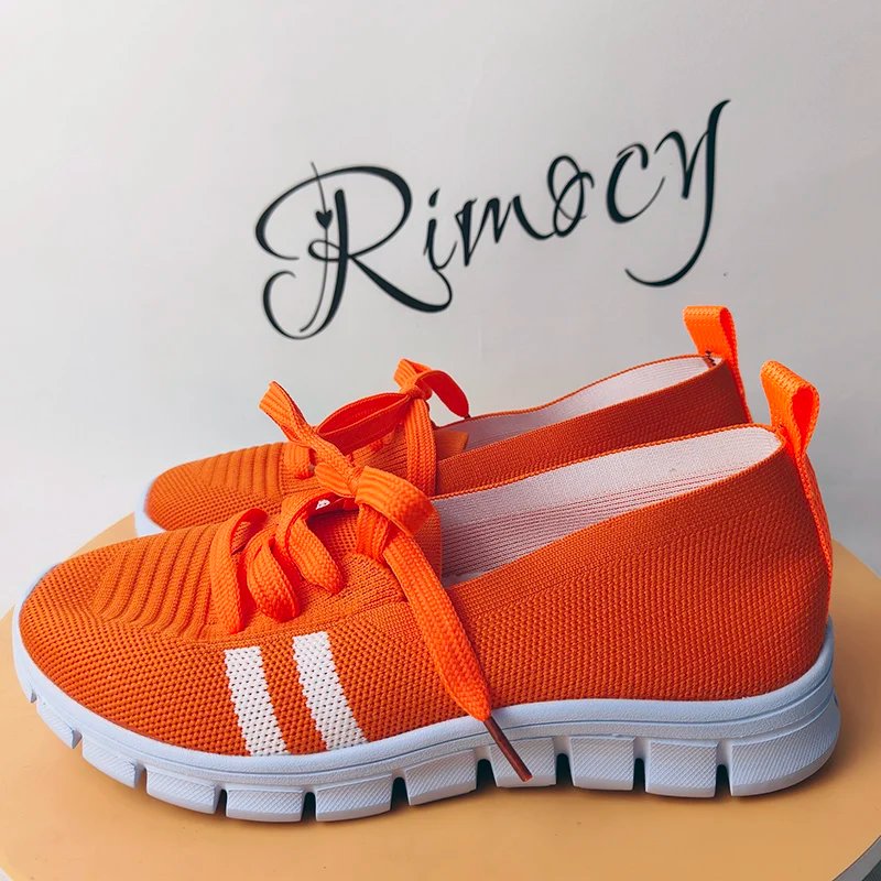 Mesh Knitted Striped Flats Shoes for Women 2024 Summer Lace Up Casual Sneakers Woman Breathable Soft Sole Loafers Plus Size 43