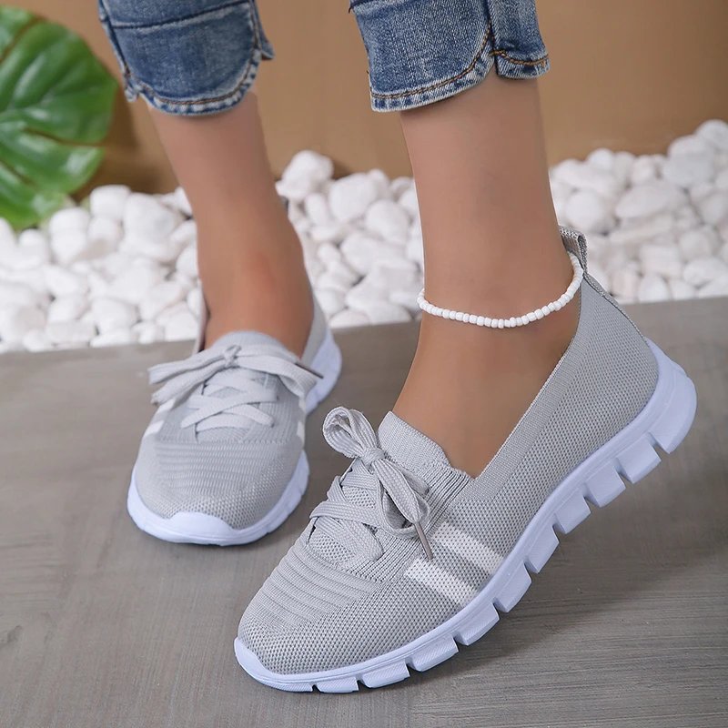 Mesh Knitted Striped Flats Shoes for Women 2024 Summer Lace Up Casual Sneakers Woman Breathable Soft Sole Loafers Plus Size 43