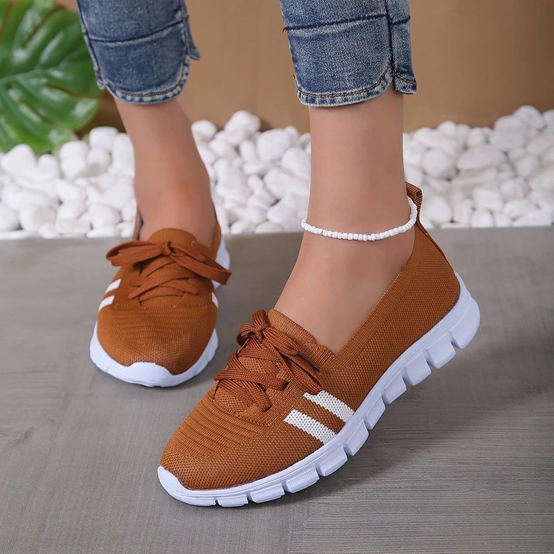 Mesh Knitted Striped Flats Shoes for Women 2024 Summer Lace Up Casual Sneakers Woman Breathable Soft Sole Loafers Plus Size 43