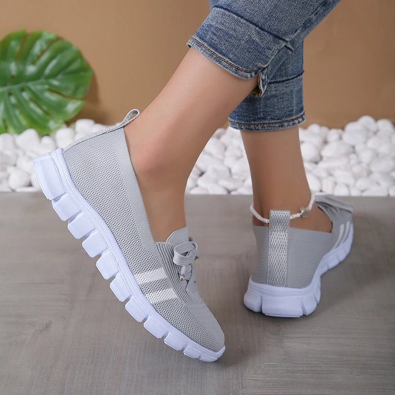 Mesh Knitted Striped Flats Shoes for Women 2024 Summer Lace Up Casual Sneakers Woman Breathable Soft Sole Loafers Plus Size 43