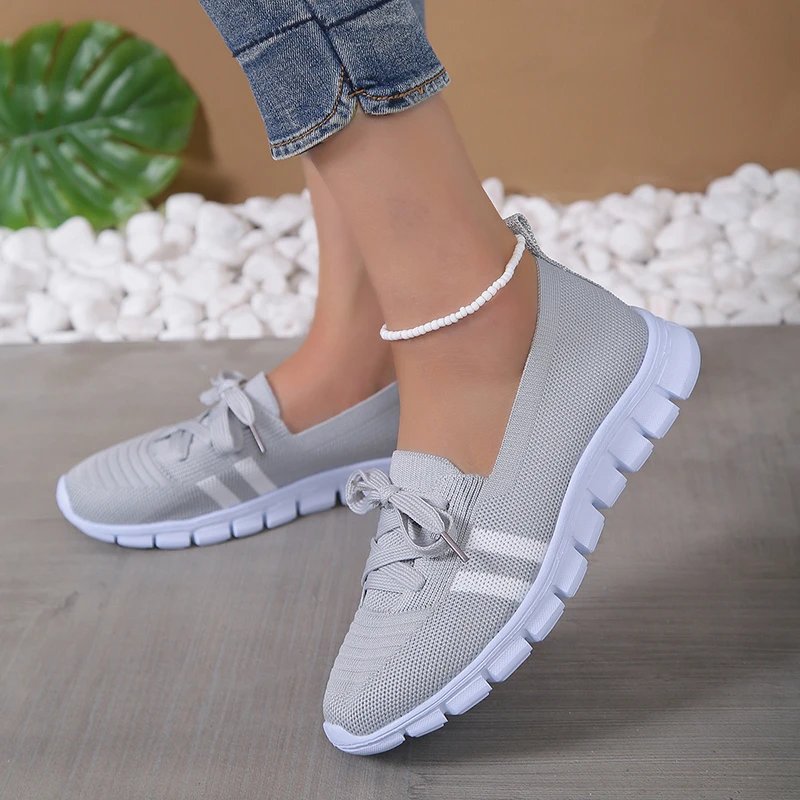 Mesh Knitted Striped Flats Shoes for Women 2024 Summer Lace Up Casual Sneakers Woman Breathable Soft Sole Loafers Plus Size 43