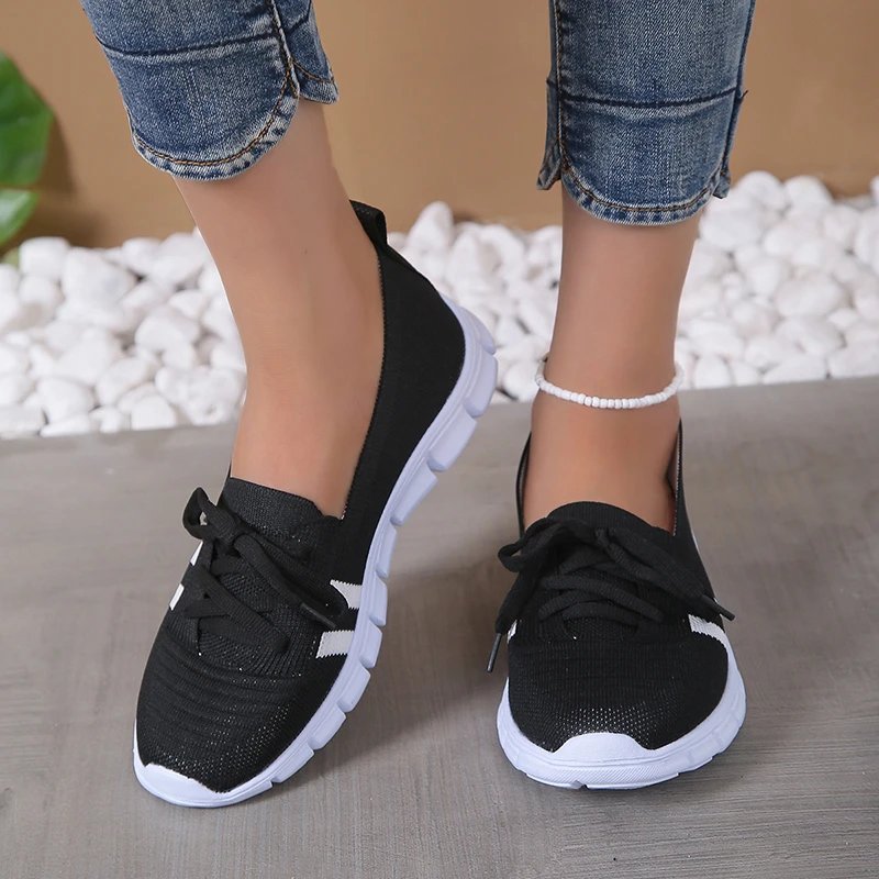 Mesh Knitted Striped Flats Shoes for Women 2024 Summer Lace Up Casual Sneakers Woman Breathable Soft Sole Loafers Plus Size 43
