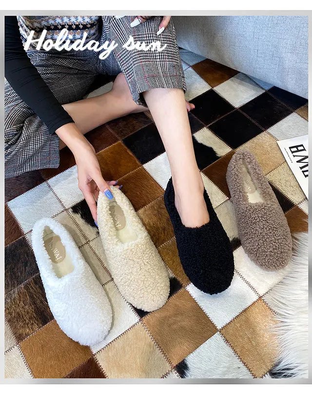 Luxury Lambwool Moccasins Femme Winter Cotton Shoes Women Warm Plush Loafers Comfy Curly Sheep Fur Flats Woman Large Size 40-43