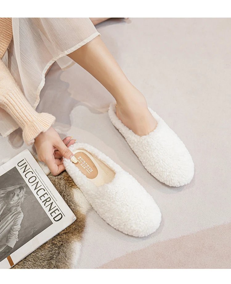 Luxury Lambwool Moccasins Femme Winter Cotton Shoes Women Warm Plush Loafers Comfy Curly Sheep Fur Flats Woman Large Size 40-43