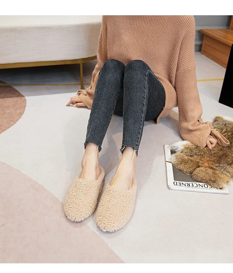 Luxury Lambwool Moccasins Femme Winter Cotton Shoes Women Warm Plush Loafers Comfy Curly Sheep Fur Flats Woman Large Size 40-43