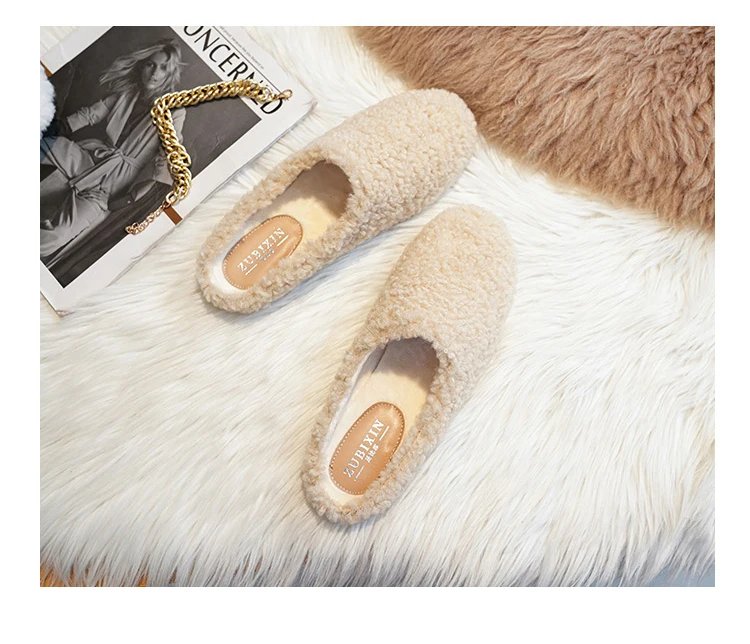 Luxury Lambwool Moccasins Femme Winter Cotton Shoes Women Warm Plush Loafers Comfy Curly Sheep Fur Flats Woman Large Size 40-43