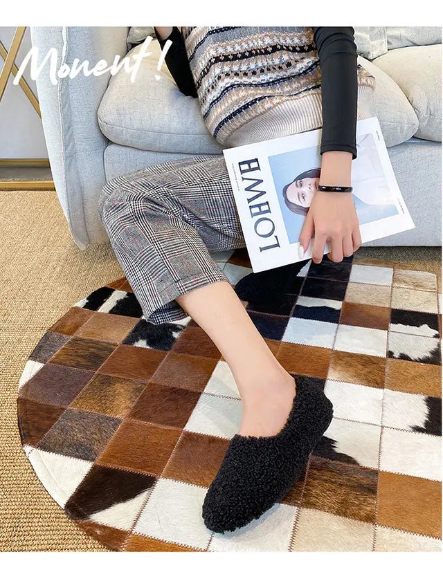 Luxury Lambwool Moccasins Femme Winter Cotton Shoes Women Warm Plush Loafers Comfy Curly Sheep Fur Flats Woman Large Size 40-43