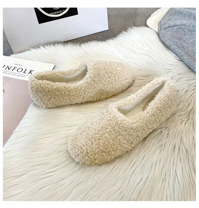 Luxury Lambwool Moccasins Femme Winter Cotton Shoes Women Warm Plush Loafers Comfy Curly Sheep Fur Flats Woman Large Size 40-43