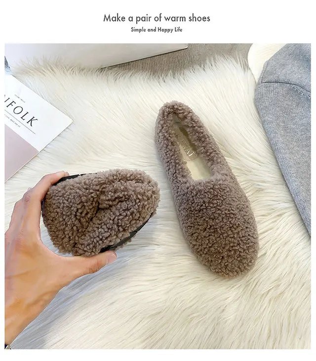 Luxury Lambwool Moccasins Femme Winter Cotton Shoes Women Warm Plush Loafers Comfy Curly Sheep Fur Flats Woman Large Size 40-43
