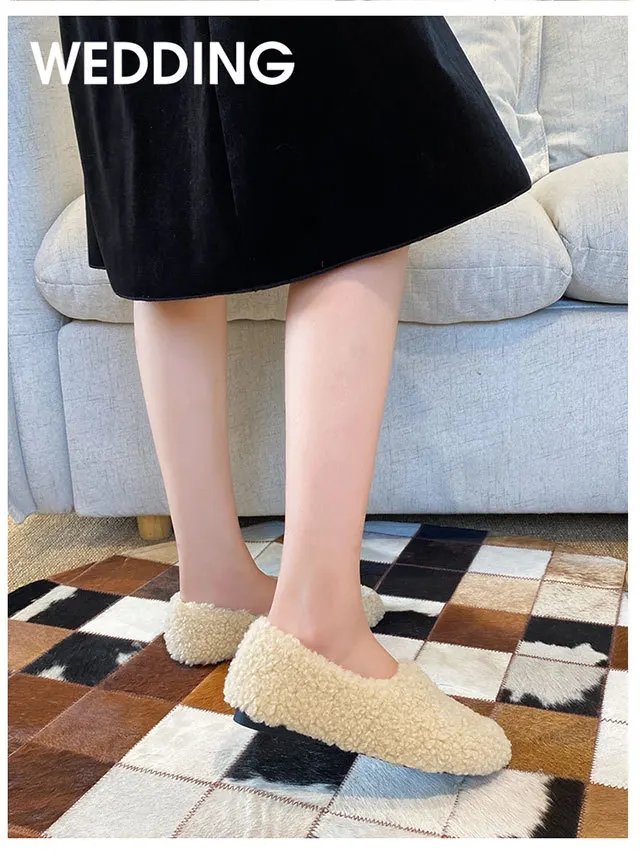 Luxury Lambwool Moccasins Femme Winter Cotton Shoes Women Warm Plush Loafers Comfy Curly Sheep Fur Flats Woman Large Size 40-43