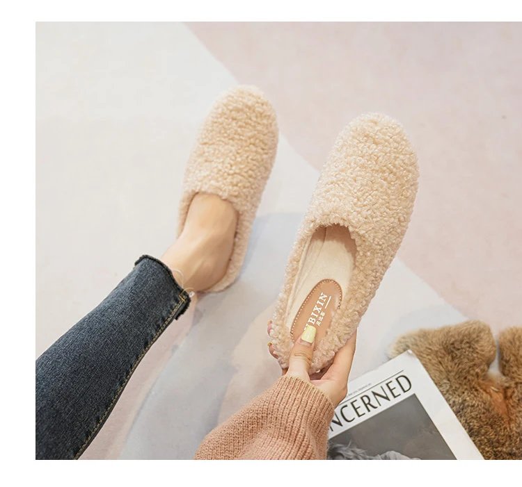 Luxury Lambwool Moccasins Femme Winter Cotton Shoes Women Warm Plush Loafers Comfy Curly Sheep Fur Flats Woman Large Size 40-43
