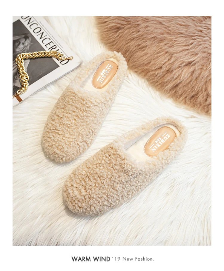 Luxury Lambwool Moccasins Femme Winter Cotton Shoes Women Warm Plush Loafers Comfy Curly Sheep Fur Flats Woman Large Size 40-43