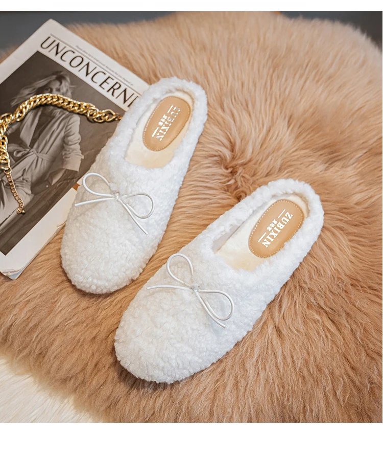 Luxury Lambwool Moccasins Femme Winter Cotton Shoes Women Warm Plush Loafers Comfy Curly Sheep Fur Flats Woman Large Size 40-43