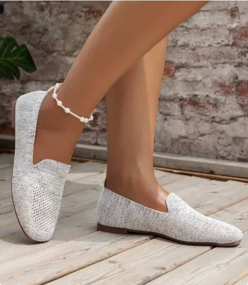 2024 Solid Color Square Toe Mesh Loafers Shallow Women Flats Shoes Soft Bottom Knit Ballet Flats Shoes Casual Slip on Boat Shoes