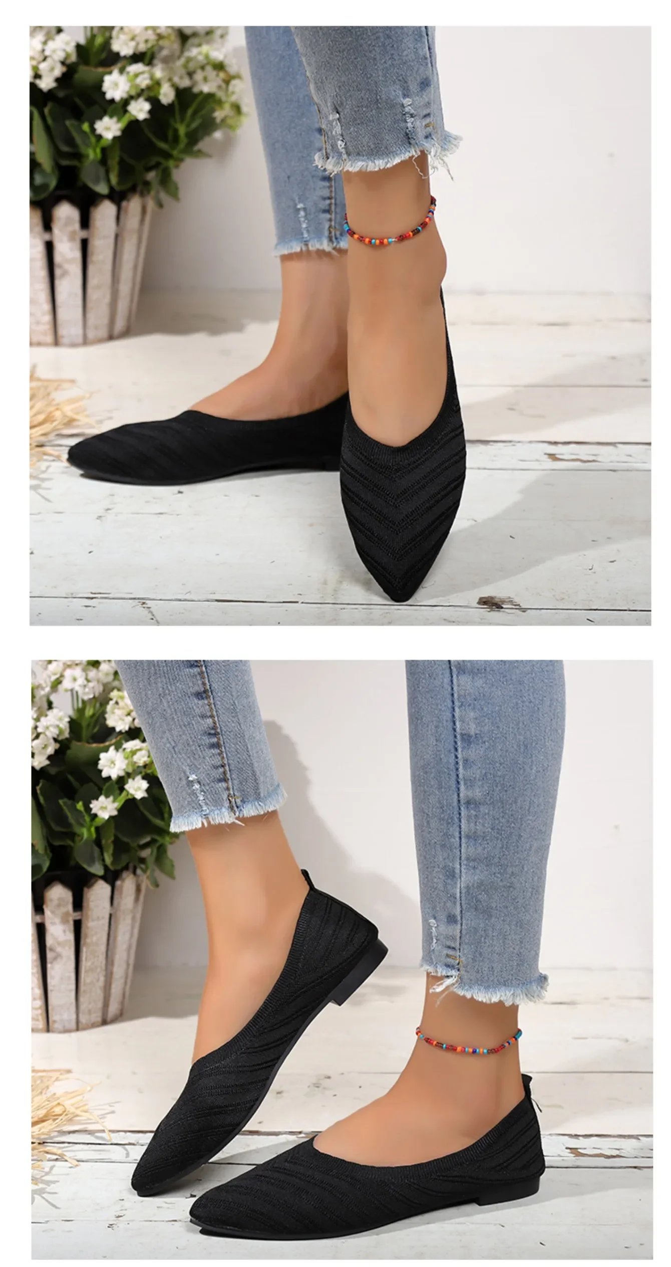 Women's Pointed Toe Flat Shoes Solid Color Knitted Slip on Shoes Casual Breathable Ballet Flats Women Flat Shoes  Loafers Women