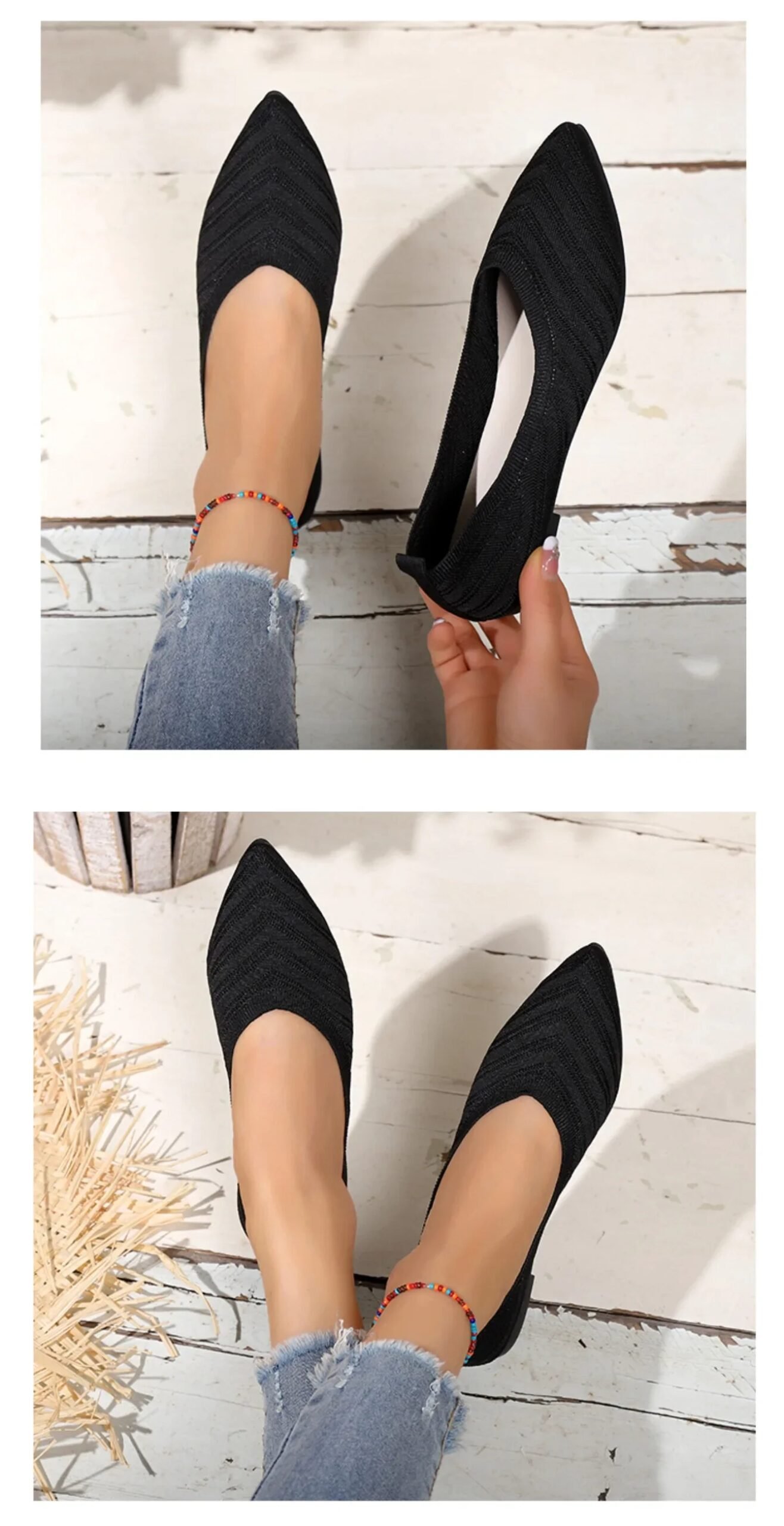 Women's Pointed Toe Flat Shoes Solid Color Knitted Slip on Shoes Casual Breathable Ballet Flats Women Flat Shoes  Loafers Women