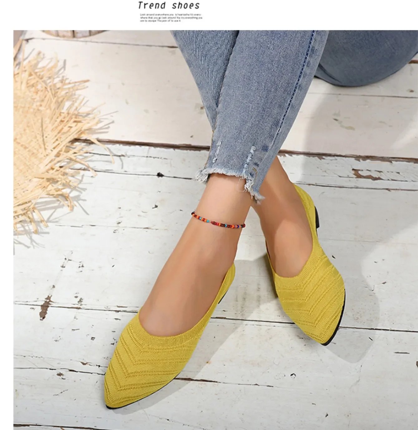 Women's Pointed Toe Flat Shoes Solid Color Knitted Slip on Shoes Casual Breathable Ballet Flats Women Flat Shoes  Loafers Women