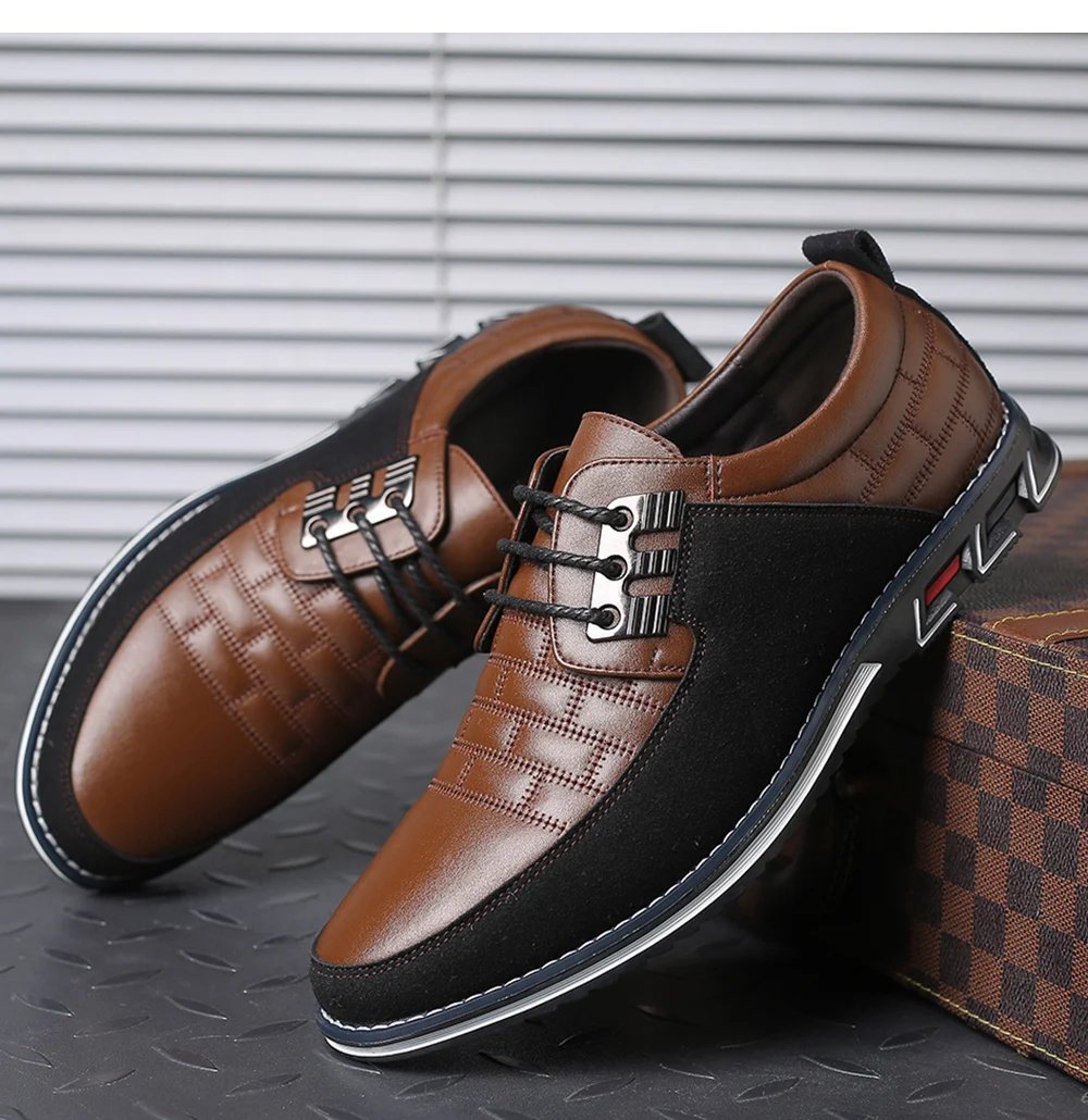 Men Sneakers Shoes Fashion Brand Classic Lace-Up Casual Loafers Pu Leather Shoes Black Breathable Business Men Shoes Big Size