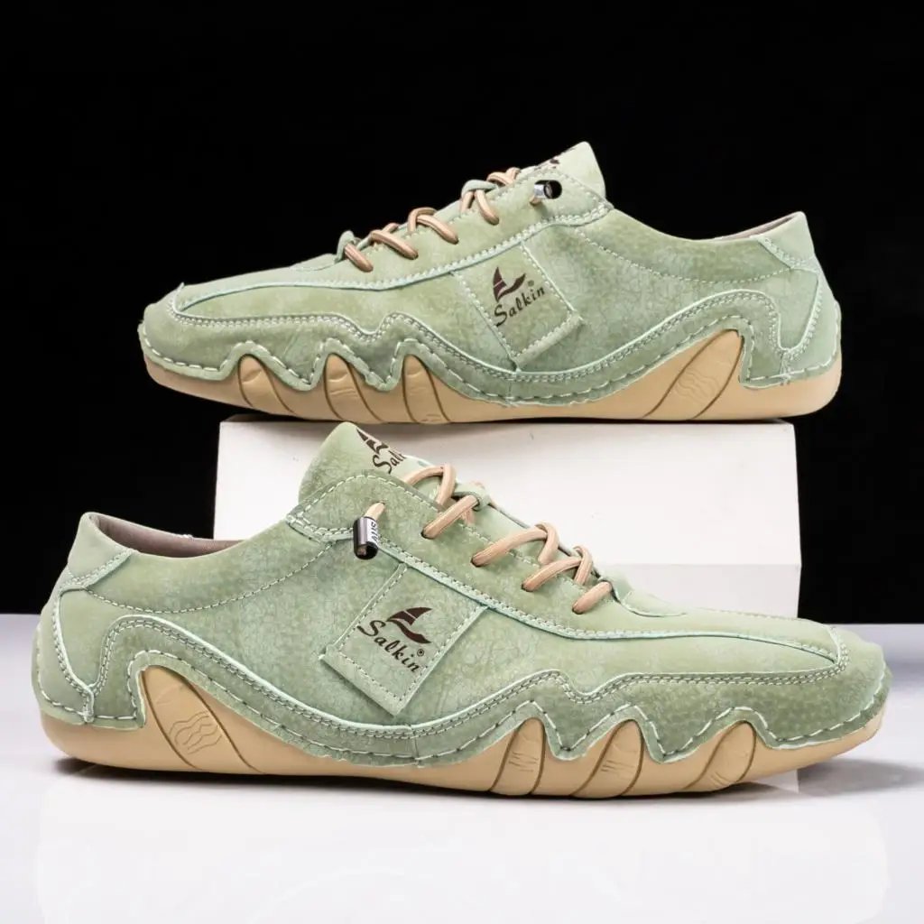 New 2024 Spring Handmade Leather Casual Men Shoes Design Fashion Sneakers Man Loafers Breathable Soft Flat Shoes Driving Shoes