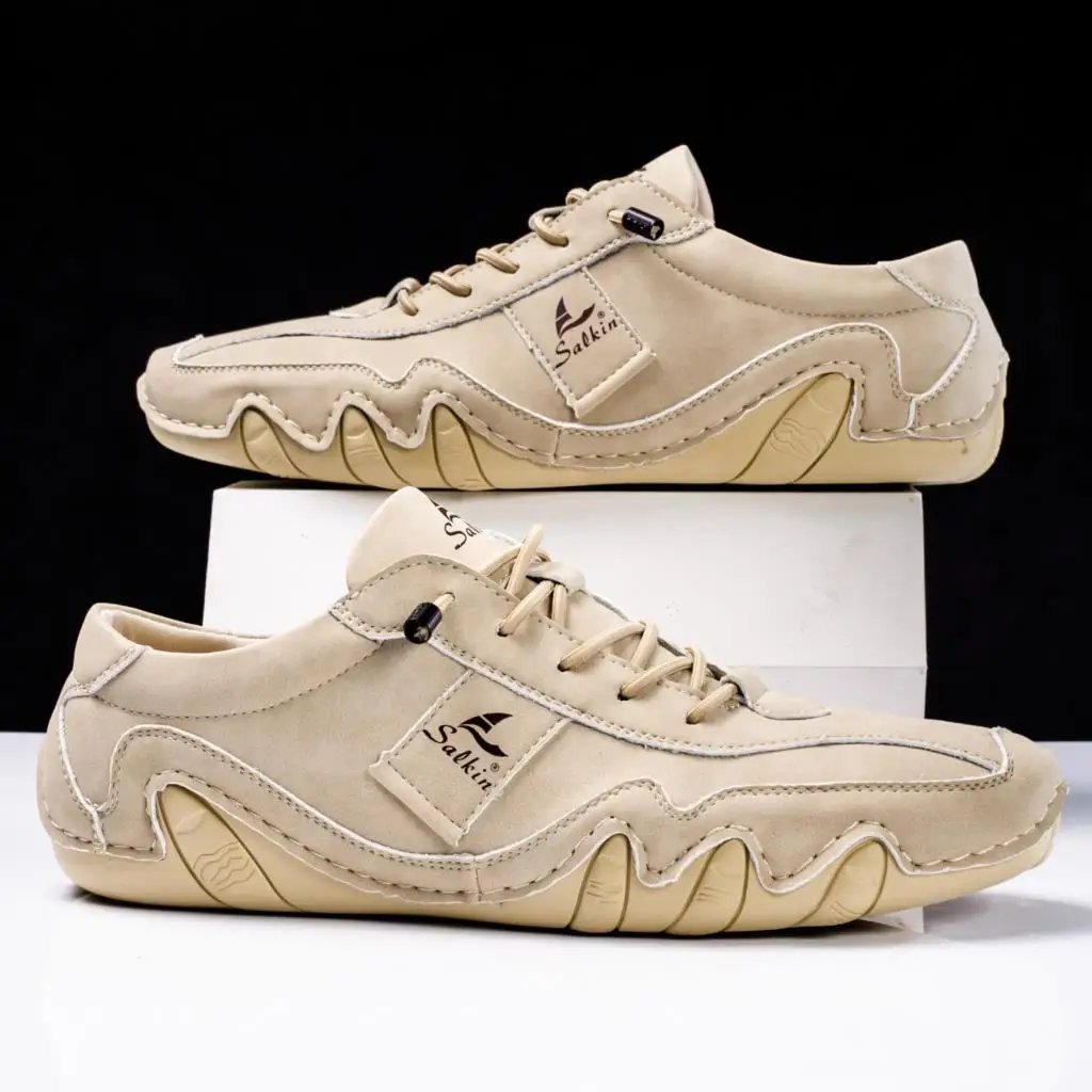 New 2024 Spring Handmade Leather Casual Men Shoes Design Fashion Sneakers Man Loafers Breathable Soft Flat Shoes Driving Shoes