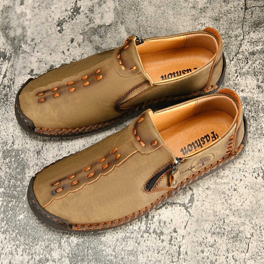 Handmade Leather Men Shoes Casual Loafers Slip OnZipper Split Leather Shoes Men Flats Hot Sale Moccasins Shoes Dropshipping