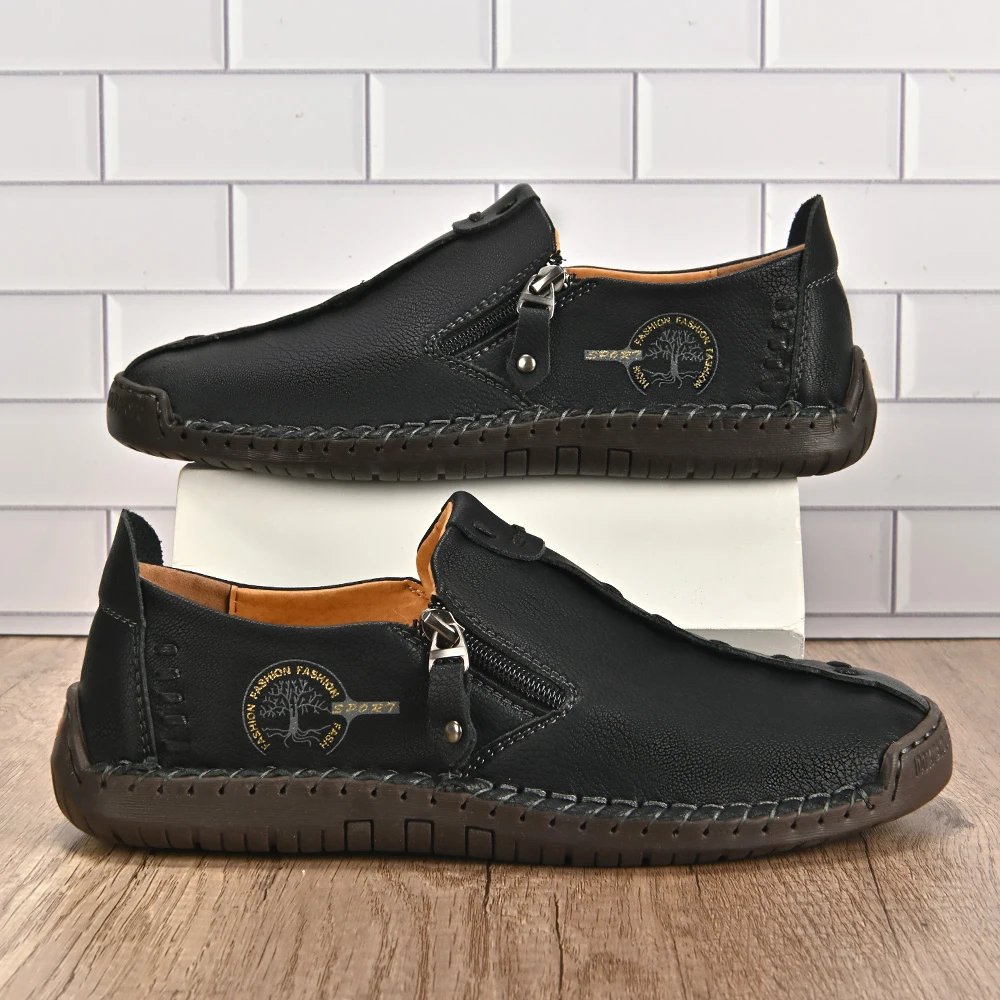 Handmade Leather Men Shoes Casual Loafers Slip OnZipper Split Leather Shoes Men Flats Hot Sale Moccasins Shoes Dropshipping