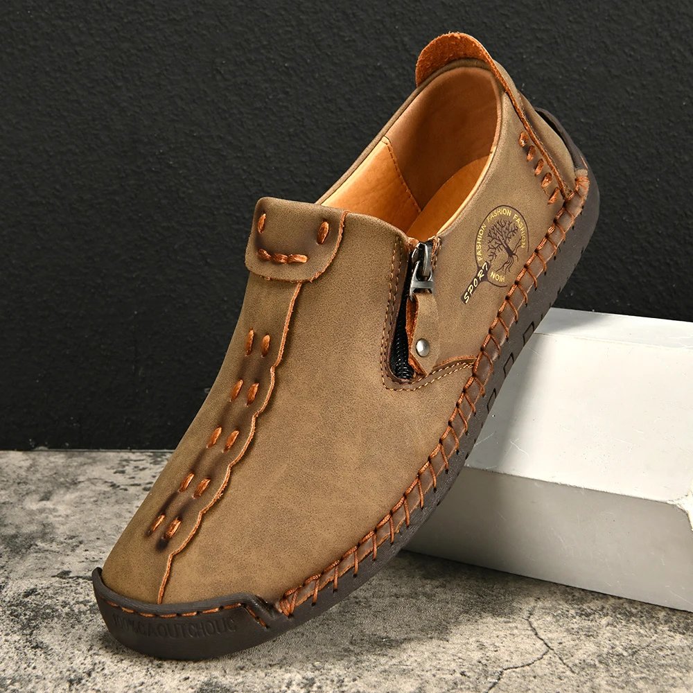 Handmade Leather Men Shoes Casual Loafers Slip OnZipper Split Leather Shoes Men Flats Hot Sale Moccasins Shoes Dropshipping