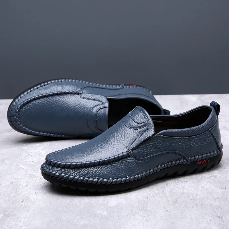Breathable Genuine Leather Men Shoes Summer Slip On Loafers Men Casual Leather Shoes Blue Flats Hot Sale Driving Shoes Moccasins