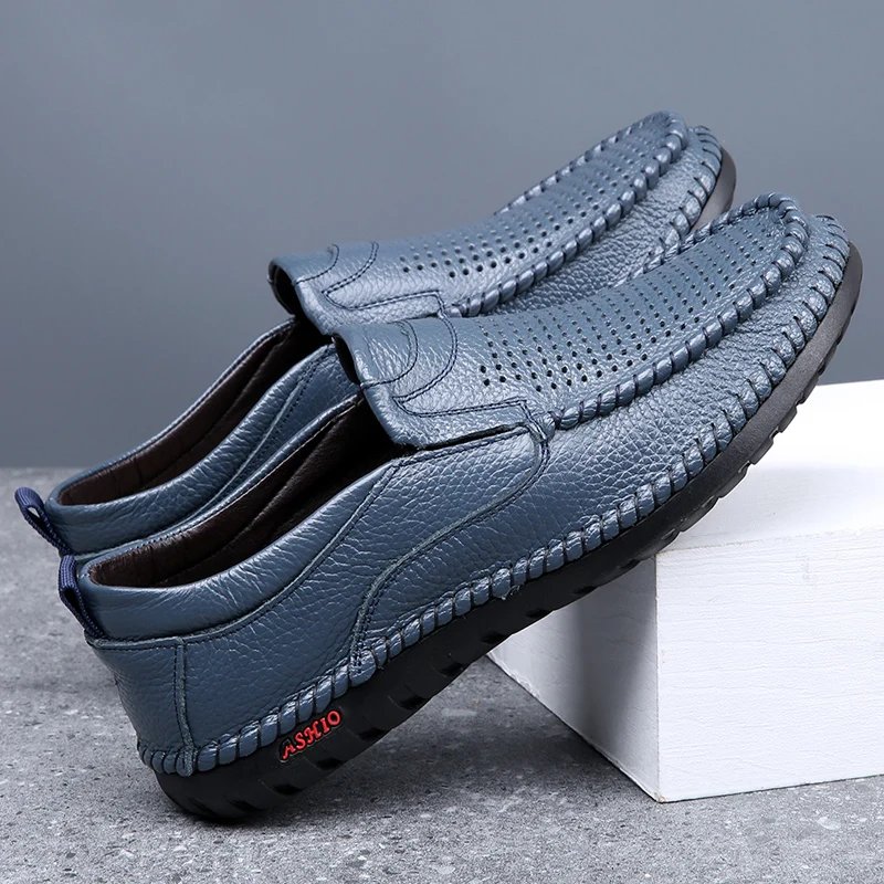 Breathable Genuine Leather Men Shoes Summer Slip On Loafers Men Casual Leather Shoes Blue Flats Hot Sale Driving Shoes Moccasins