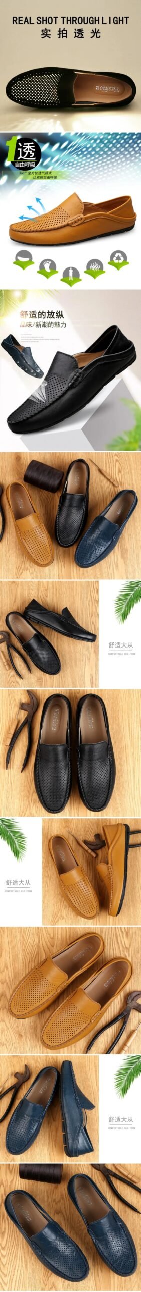 Italian Summer Hollow Shoes Men Casual Luxury Brand Genuine Leather Loafers Men Breathable Boat Shoes Slip On Moccasins