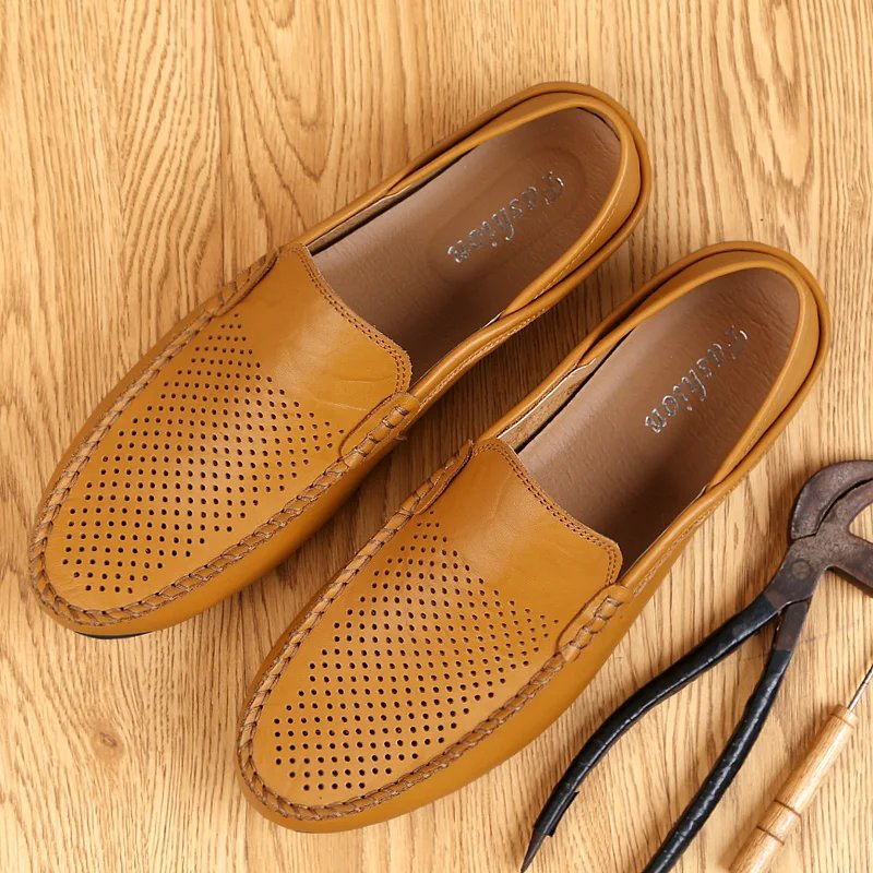 Italian Summer Hollow Shoes Men Casual Luxury Brand Genuine Leather Loafers Men Breathable Boat Shoes Slip On Moccasins