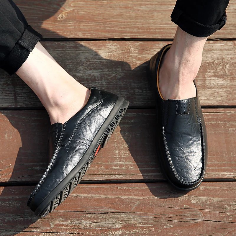 man shoes Genuine Leather Men Casual Shoes  Brand 2023 Mens  Breathable Slip on Black Driving Shoes Plus Size 37-46