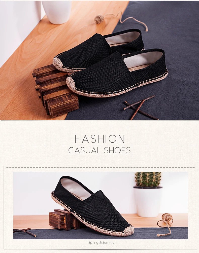 Women Sewing Flax Shoes Slip on Loafers Casual Shoes Man Espadrilles Hemp Canvas Flat Shoes Plus Size Fisherman Driving Footwear