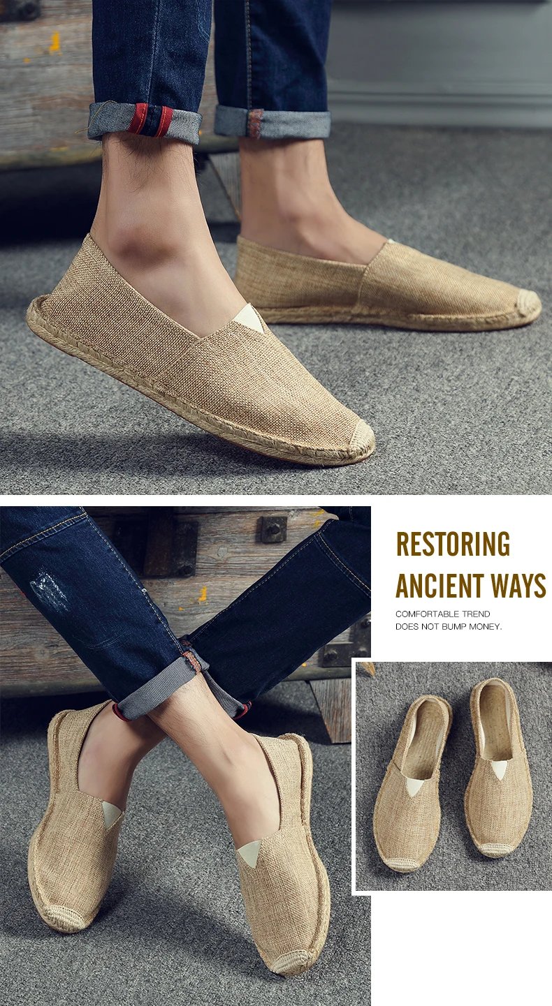 Women Sewing Flax Shoes Slip on Loafers Casual Shoes Man Espadrilles Hemp Canvas Flat Shoes Plus Size Fisherman Driving Footwear