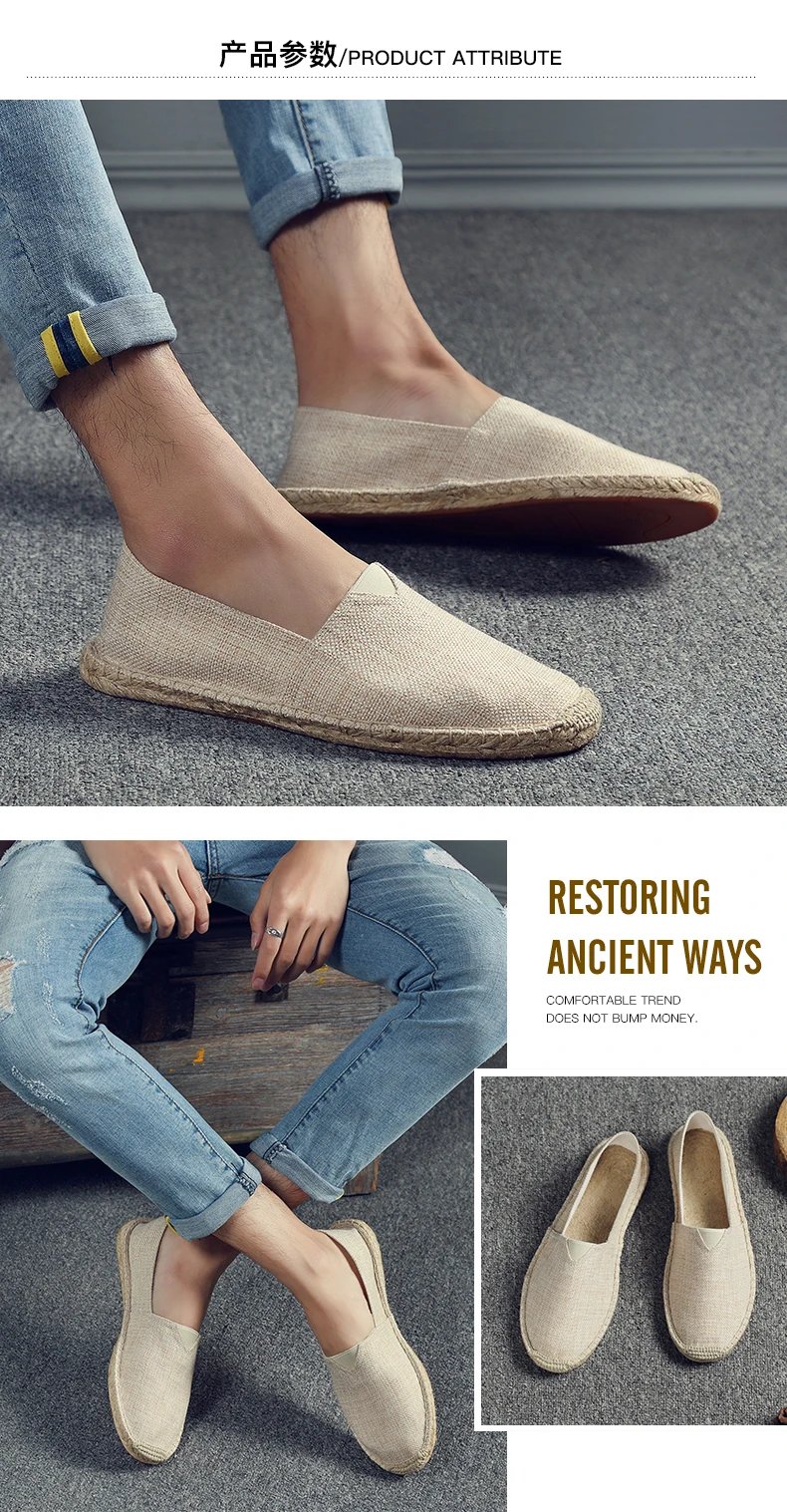Women Sewing Flax Shoes Slip on Loafers Casual Shoes Man Espadrilles Hemp Canvas Flat Shoes Plus Size Fisherman Driving Footwear