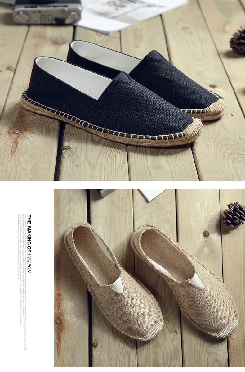 Women Sewing Flax Shoes Slip on Loafers Casual Shoes Man Espadrilles Hemp Canvas Flat Shoes Plus Size Fisherman Driving Footwear