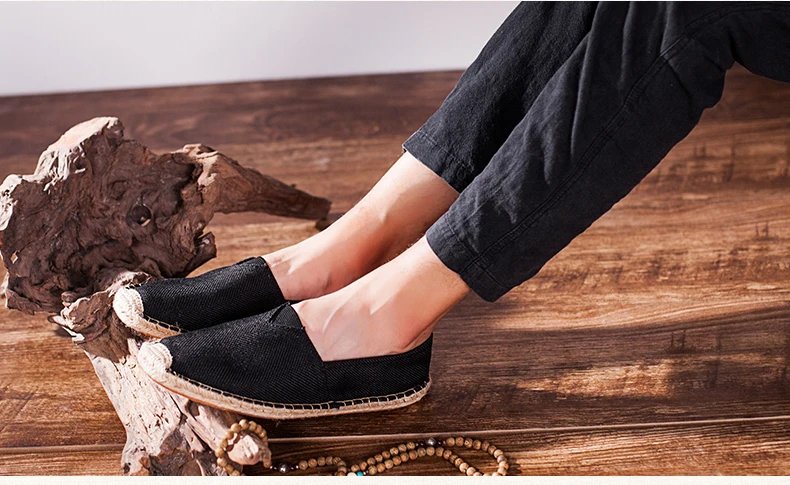 Women Sewing Flax Shoes Slip on Loafers Casual Shoes Man Espadrilles Hemp Canvas Flat Shoes Plus Size Fisherman Driving Footwear