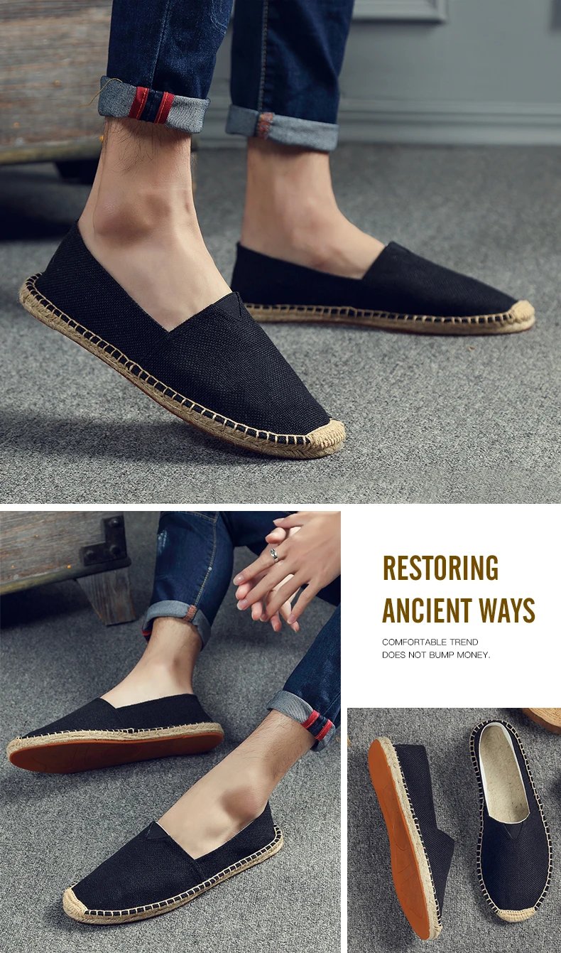 Women Sewing Flax Shoes Slip on Loafers Casual Shoes Man Espadrilles Hemp Canvas Flat Shoes Plus Size Fisherman Driving Footwear