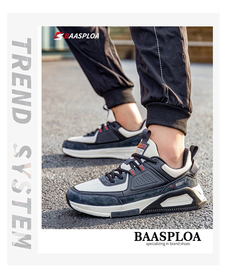 Baasploa Men Casual Waterproof Running Shoes Fashion Leather Skateboard Shoes Non-slip Wear-resistant Male Sport Shoes New