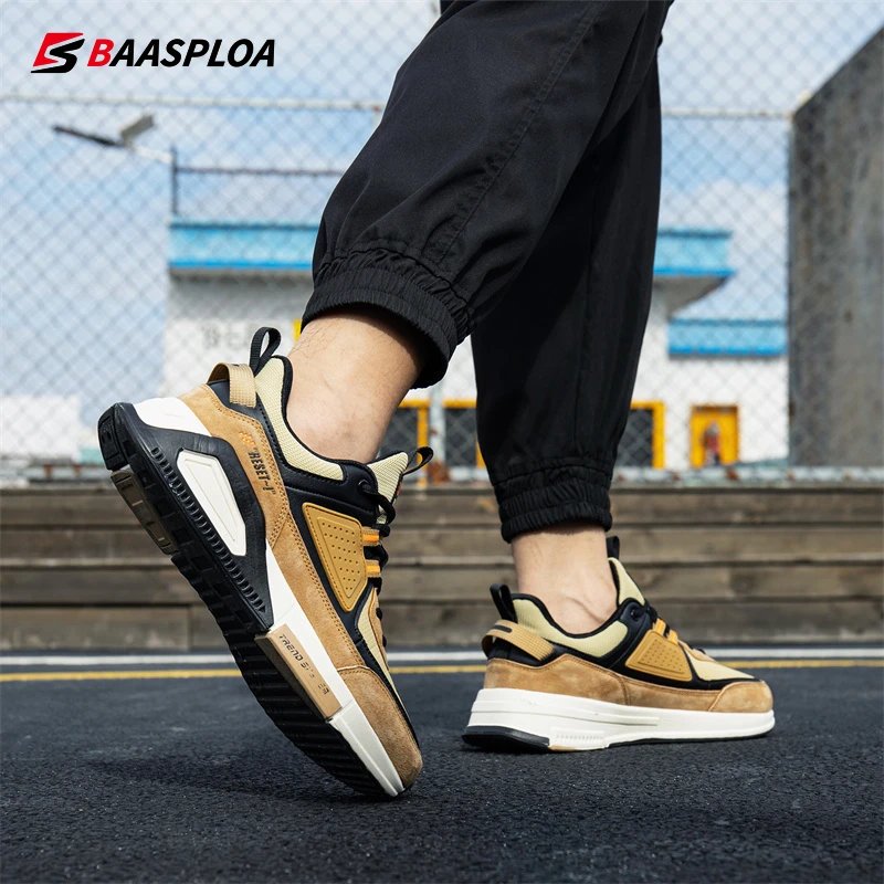 Baasploa Men Casual Waterproof Running Shoes Fashion Leather Skateboard Shoes Non-slip Wear-resistant Male Sport Shoes New