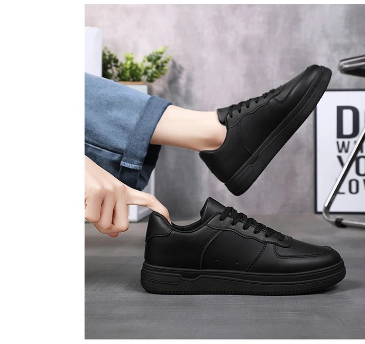 Men Outdoor Leather Shoes Flat Classic Black Sports Shoes Lace up Skateboard Board Shoe Walking White Leisure Running Sneakers