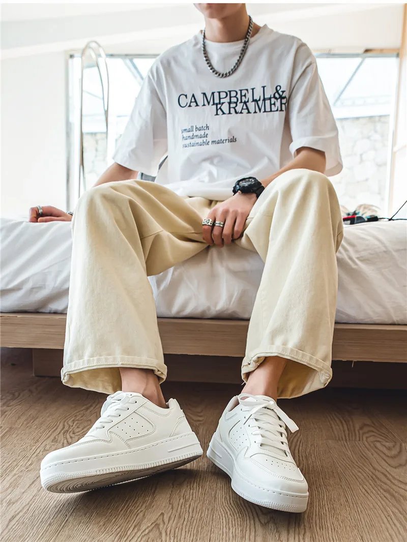 Men Outdoor Leather Shoes Flat Classic Casual Sports Shoes Lace up Skateboard Board Shoe Walking Travel Leisure Running Sneakers