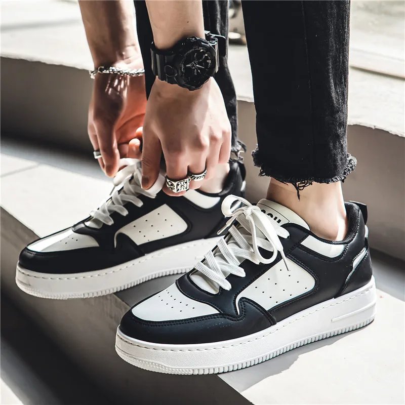 Men Outdoor Leather Shoes Flat Classic Casual Sports Shoes Lace up Skateboard Board Shoe Walking Travel Leisure Running Sneakers