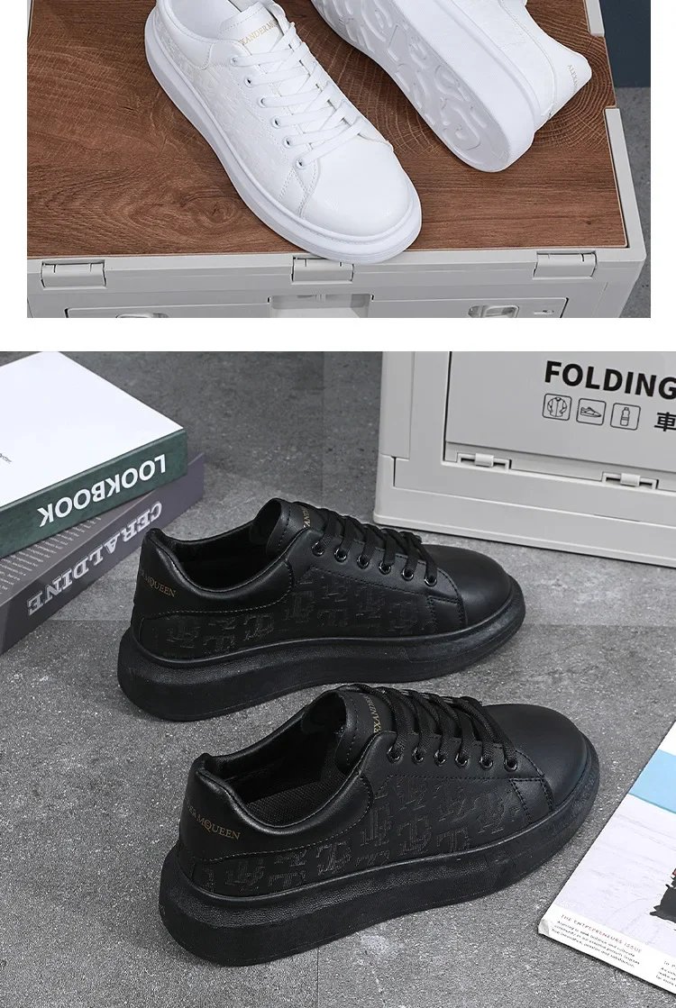 Men Small Black Shoes 2023 New Lace-up Thick Sole Casual Sneakers Versatile Leather Muffin Shoes Elevated Male Board Footwear